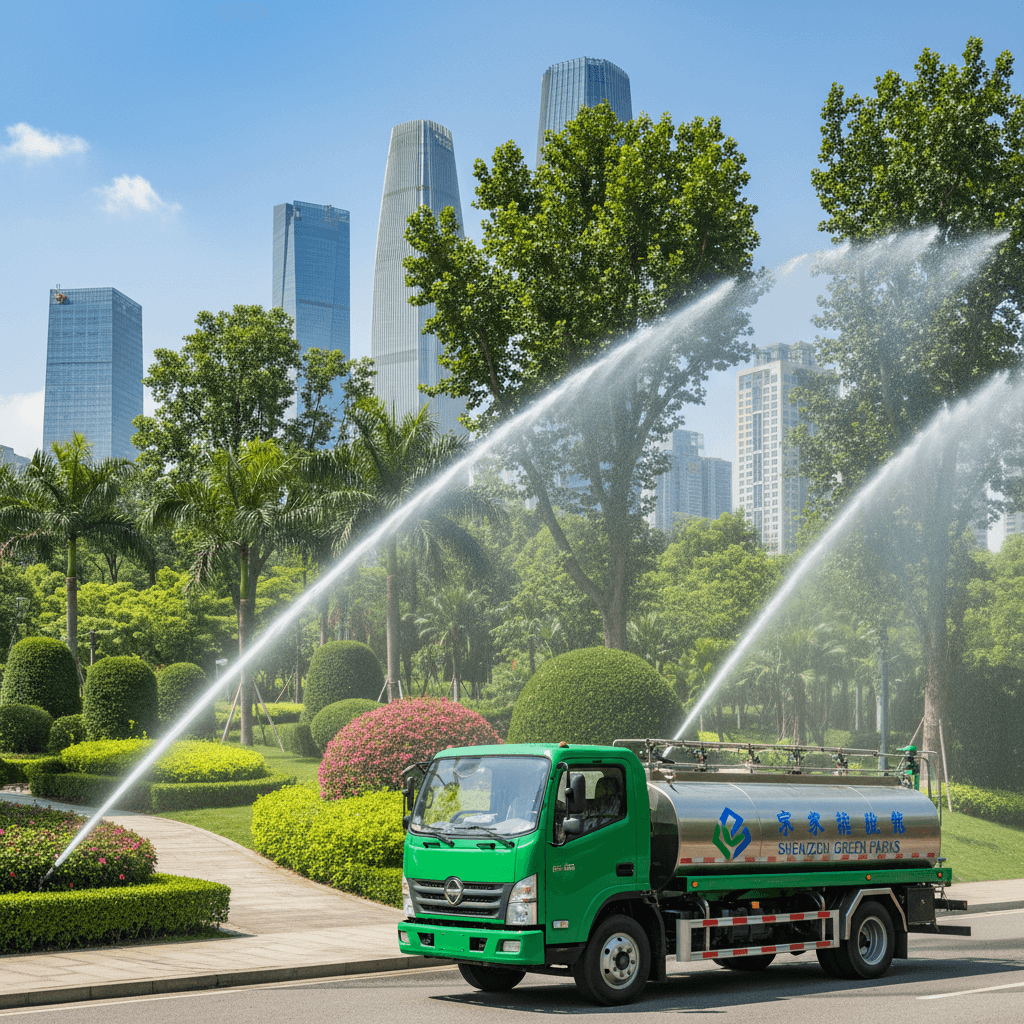 Landscaping water sprinkler truck watering green space in Shenzhen city park