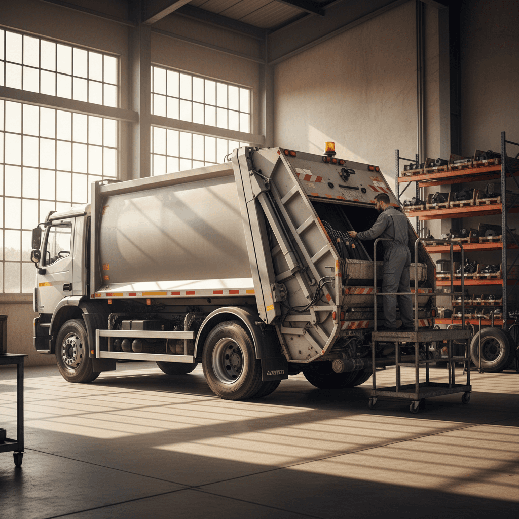 Garbage collection truck undergoing inspection at Shenzhen Green Fusion Environment facility