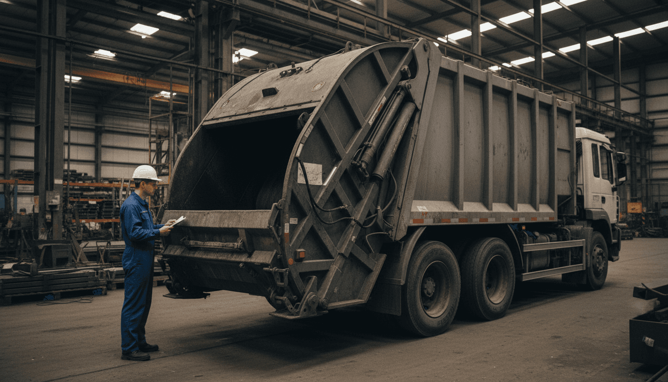 Used sanitation truck undergoing rigorous inspection in a warehouse facility