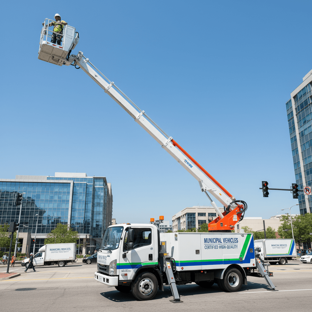Aerial work platform with bucket extended upward in urban setting