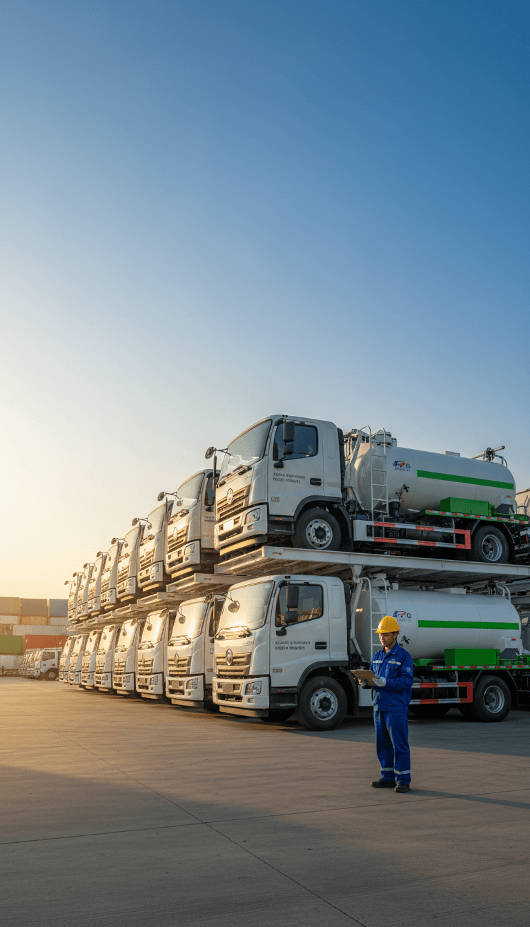 Multiple high-pressure cleaning trucks prepared for export at Green Fusion Environment