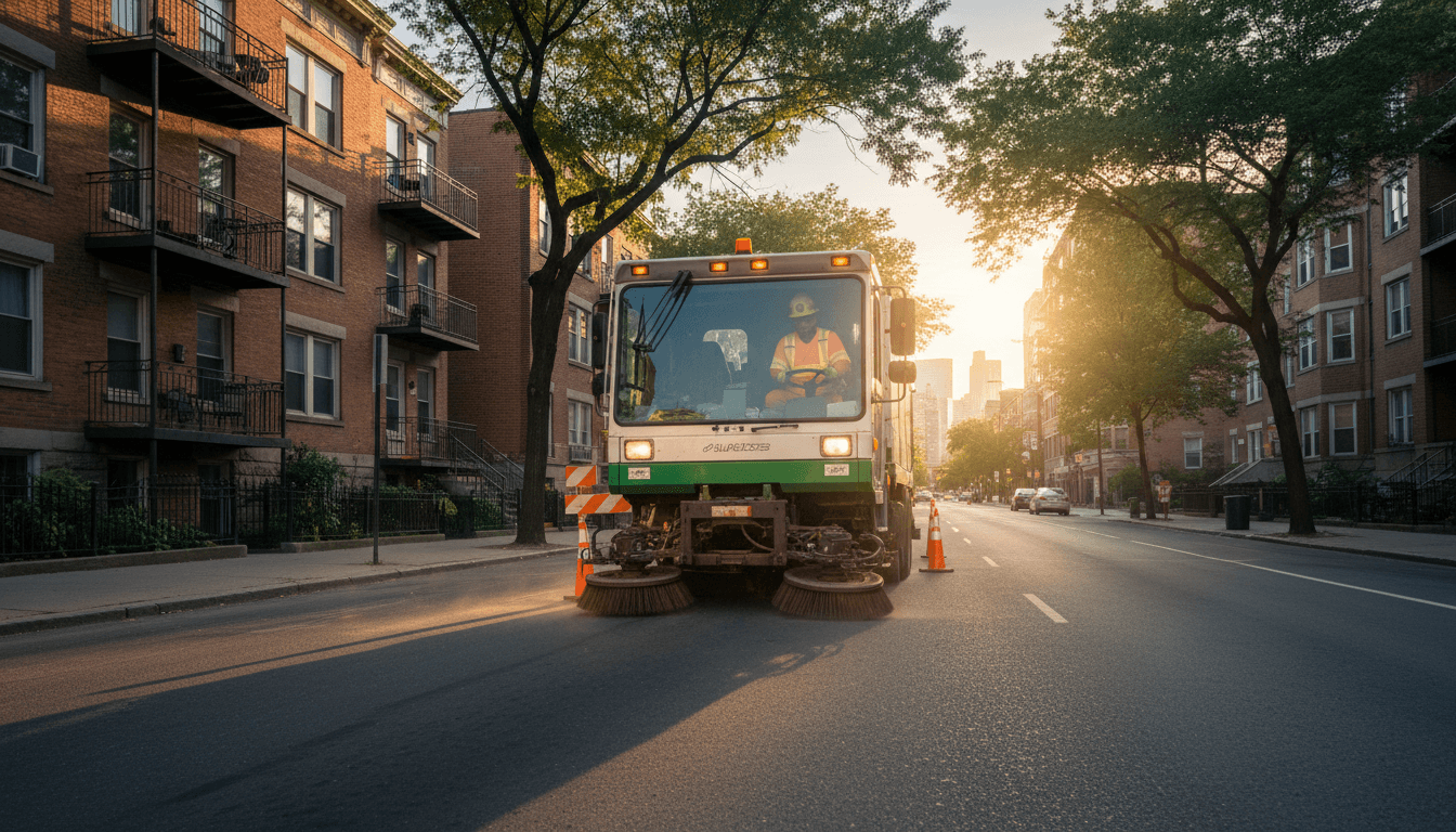 Municipal sanitation worker operating street sweeper truck on urban avenue at dawn with high-visibility safety gear