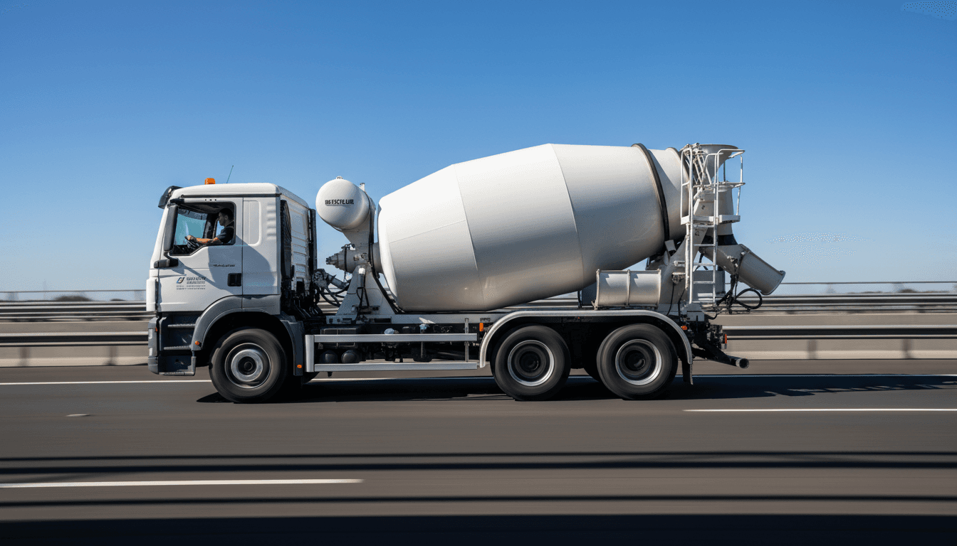 Concrete mixer truck in motion on highway with rotating drum visible and clear sky background