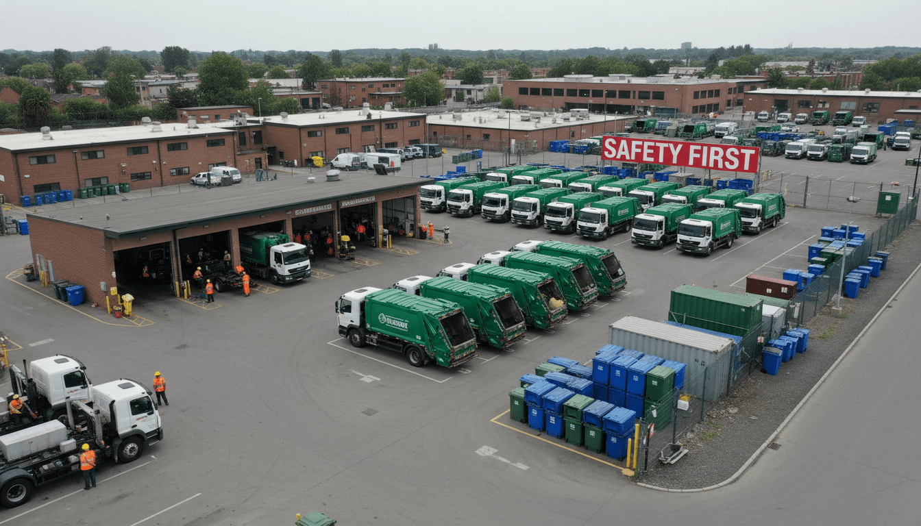 Municipal waste management facility yard with multiple collection vehicles, equipment storage, and workers performing maintenance