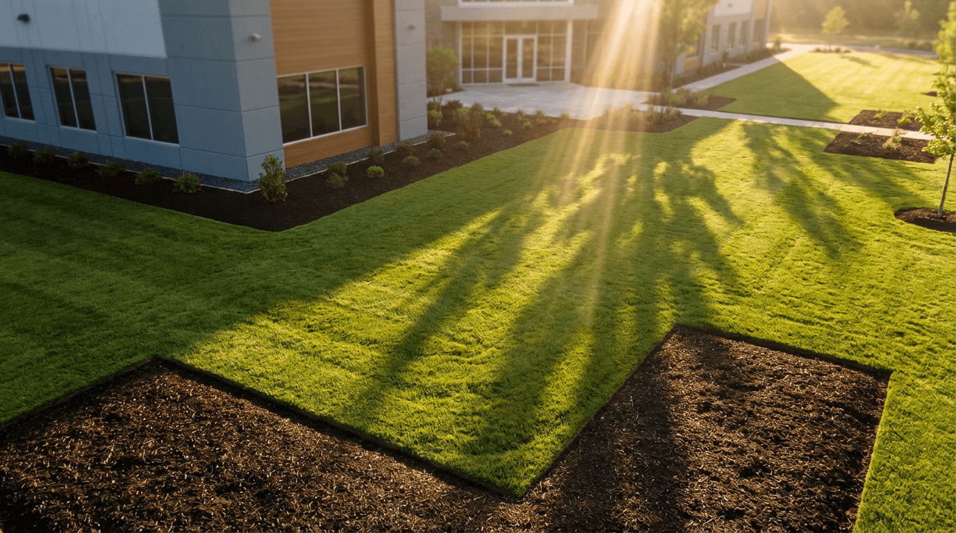 Aerial view of manicured commercial landscape with fresh mulch beds, maintained turf, and golden hour shadows.