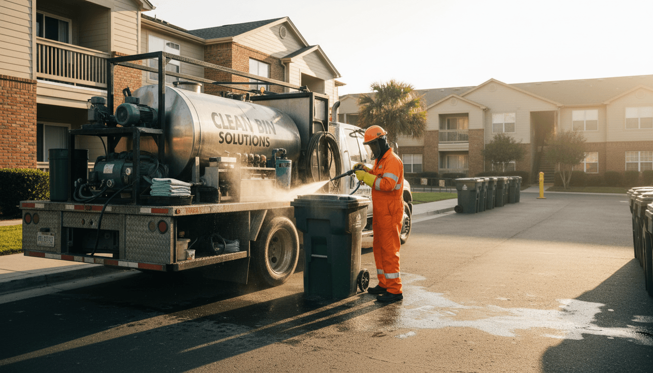 Mobile cleaning truck parked at residential complex with worker in safety gear cleaning trash bin during morning service