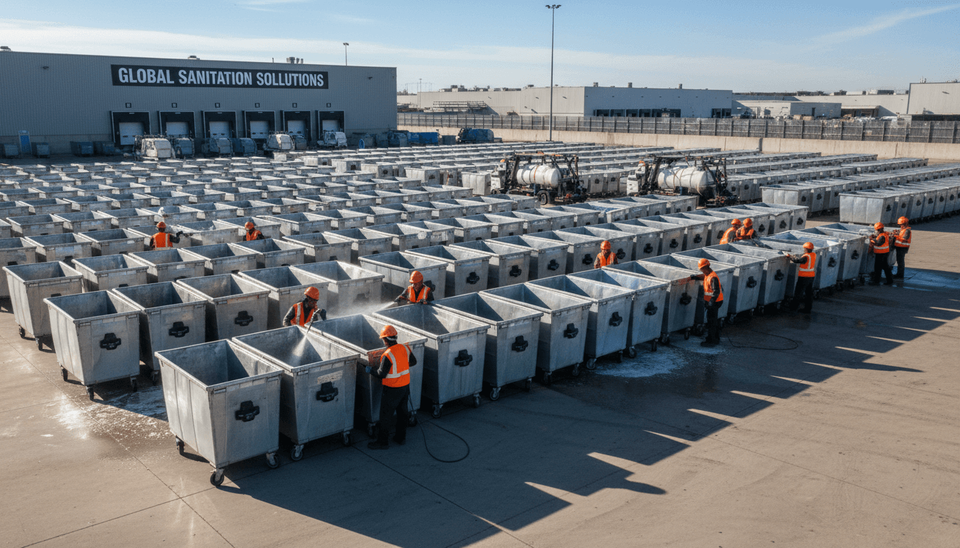 Wide view of commercial sanitation facility with multiple workers cleaning rows of large industrial waste bins in organized yard