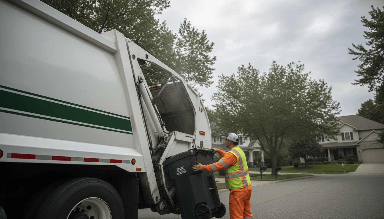 Sanitation worker in safety gear loading residential trash bin into collection truck on suburban street